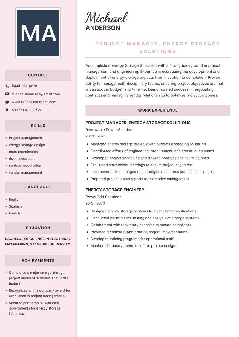 Energy Storage Specialist resume sample — Project Manager, Energy Storage Solutions focus