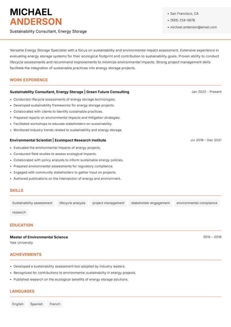 Energy Storage Specialist resume sample — Sustainability Consultant, Energy Storage focus