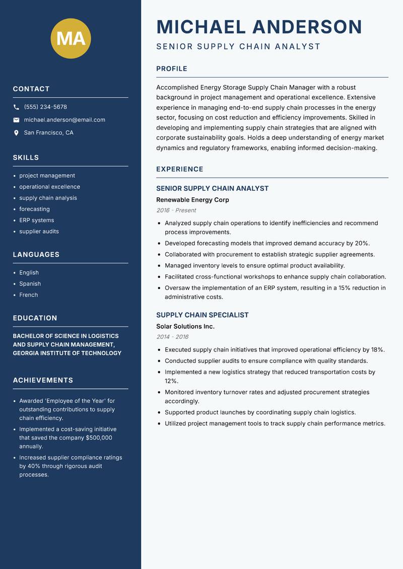 Energy Storage Supply Chain Manager resume sample — Senior Supply Chain Analyst focus
