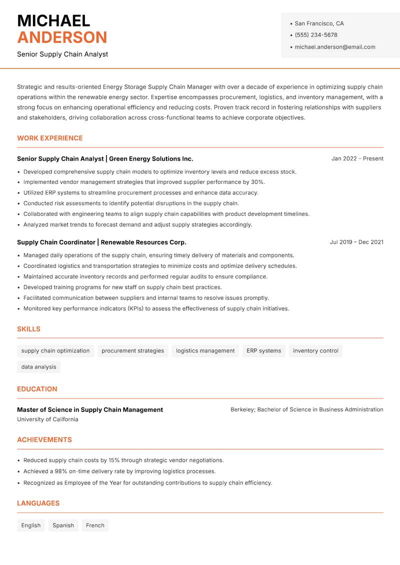 Energy Storage Supply Chain Manager resume sample — Senior Supply Chain Analyst focus