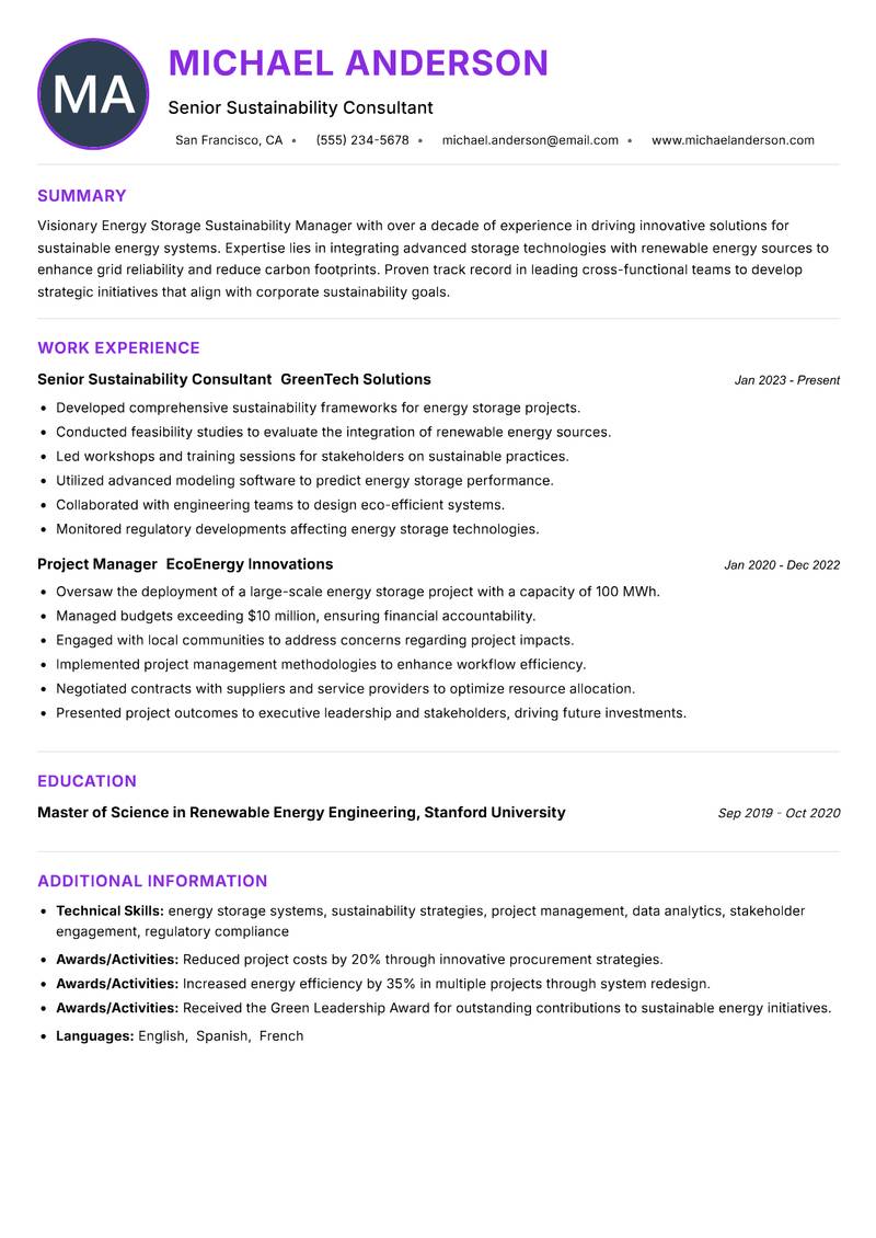 Energy Storage Sustainability Manager resume example