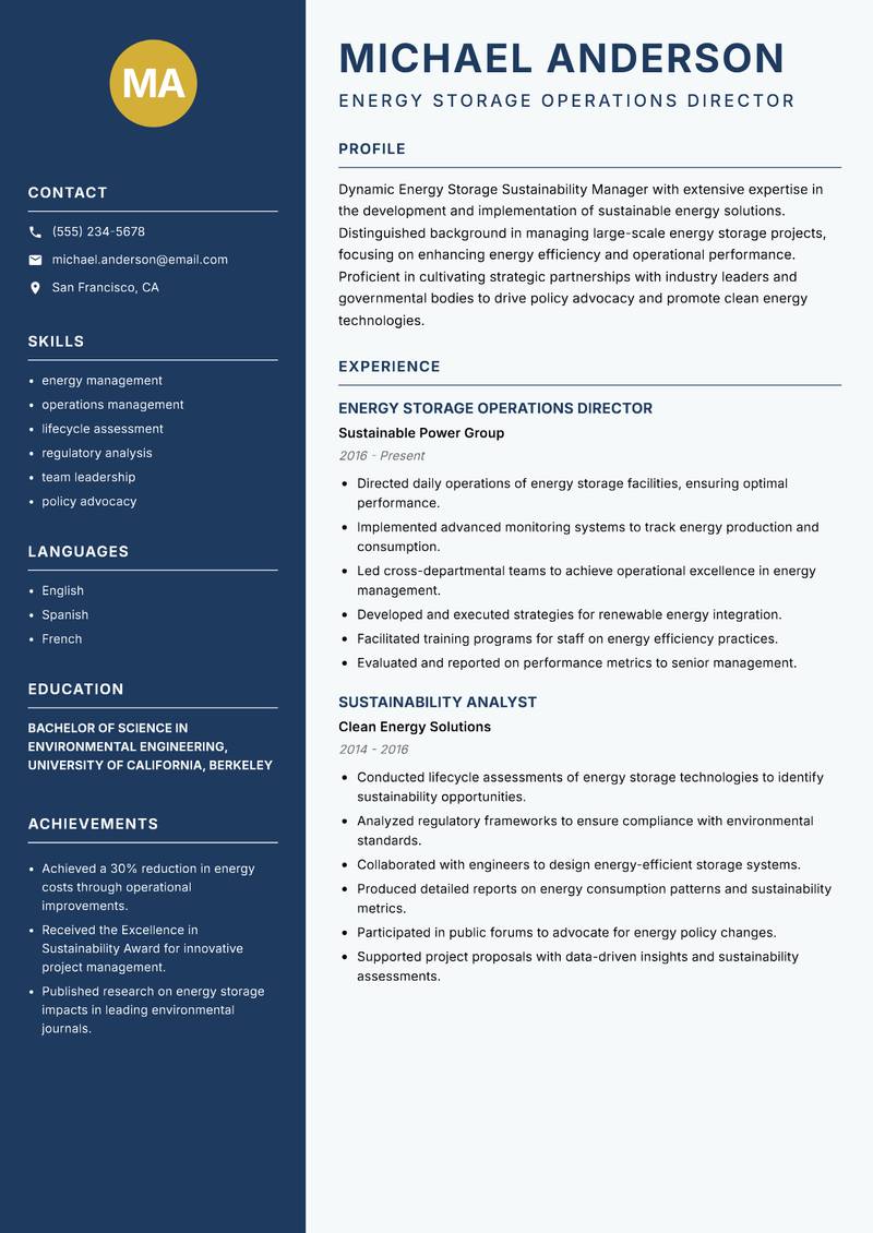 Energy Storage Sustainability Manager resume sample — Energy Storage Operations Director focus