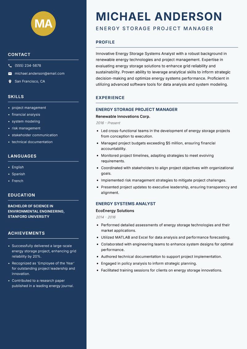 Energy Storage Systems Analyst resume sample — Energy Storage Project Manager focus