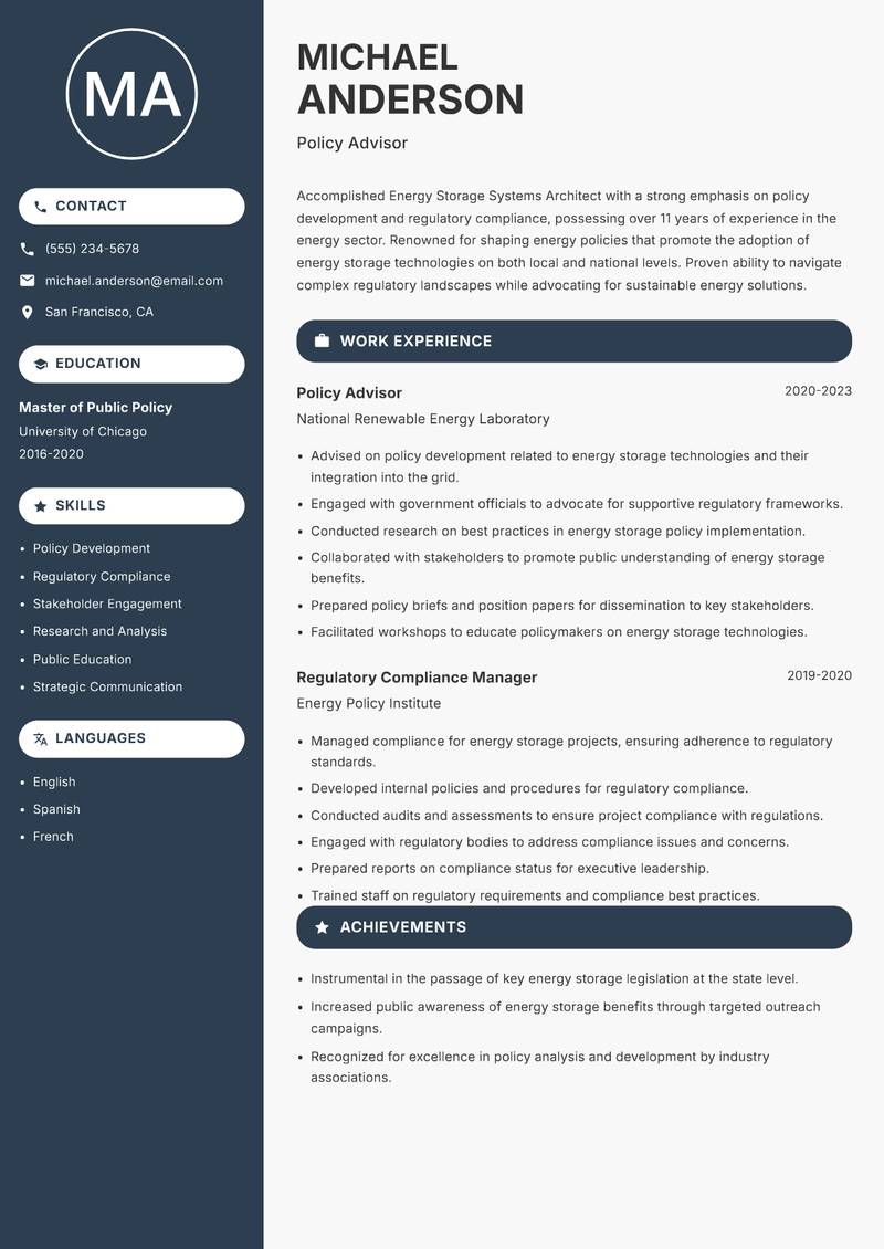 Energy Storage Systems Architect resume sample — Policy Advisor focus