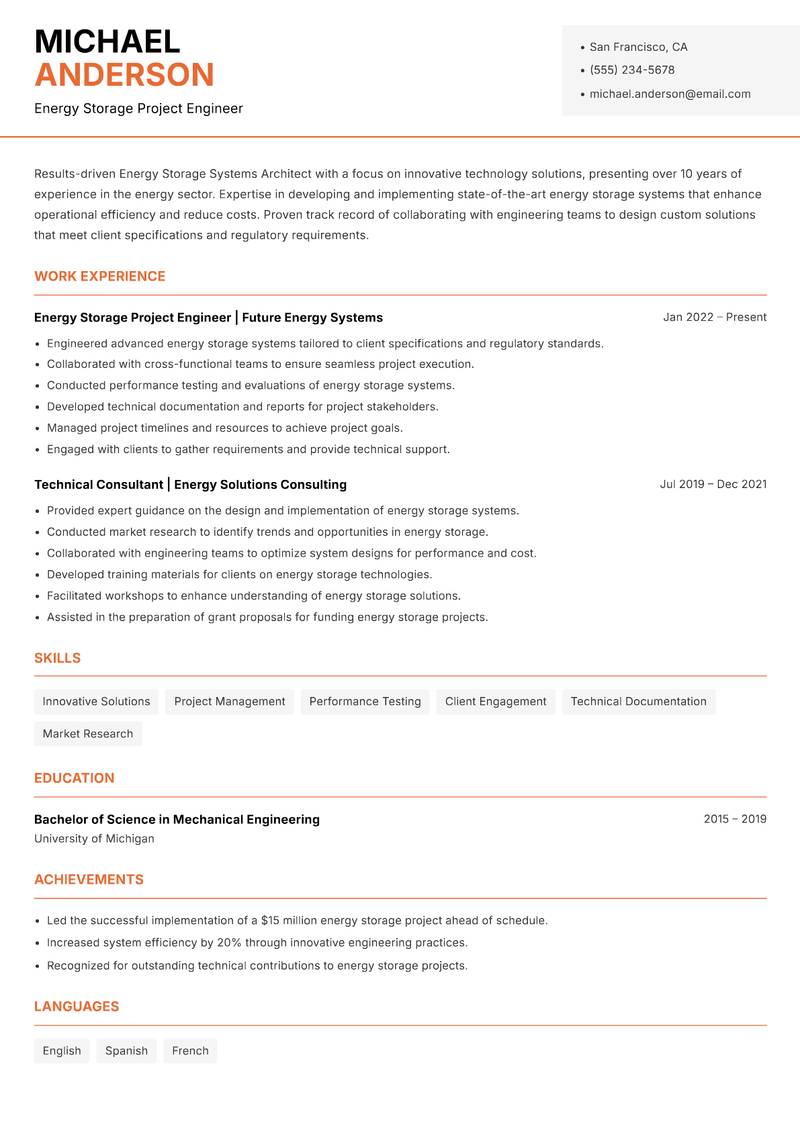 Energy Storage Systems Architect resume sample — Energy Storage Project Engineer focus