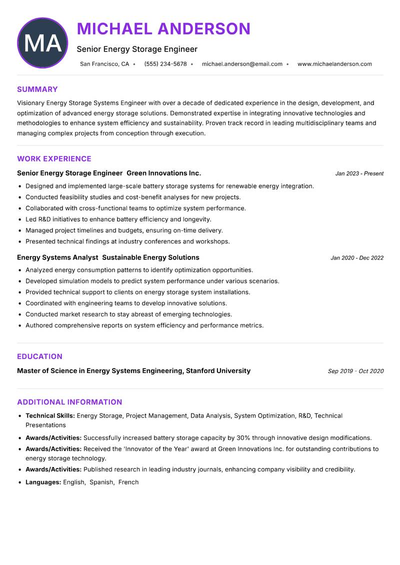 Energy Storage Systems Engineer resume example