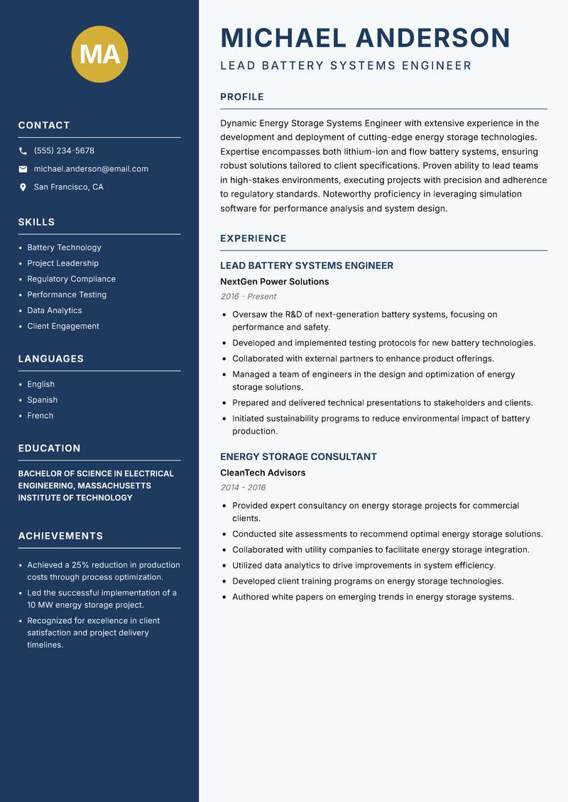 Energy Storage Systems Engineer resume sample — Lead Battery Systems Engineer focus