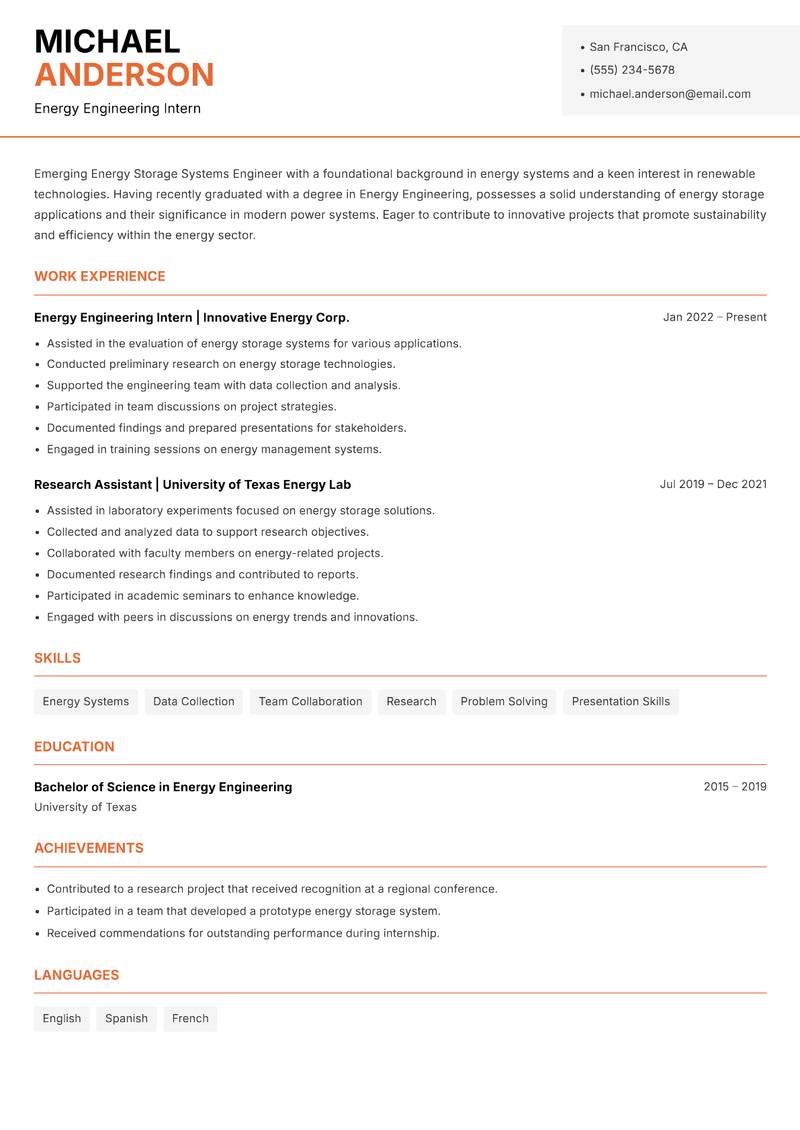 Energy Storage Systems Engineer resume sample — Energy Engineering Intern focus