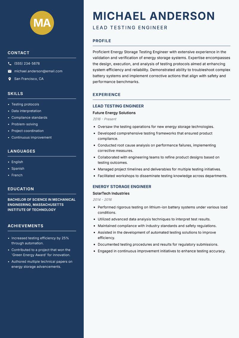 Energy Storage Testing Engineer resume sample — Lead Testing Engineer focus