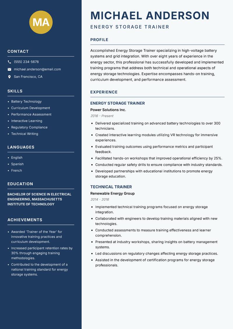 Energy Storage Trainer resume sample — Energy Storage Trainer focus