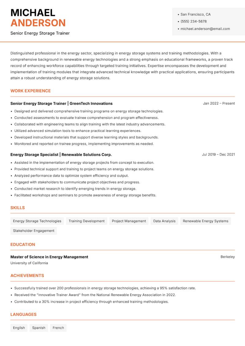 Energy Storage Trainer resume sample — Senior Energy Storage Trainer focus