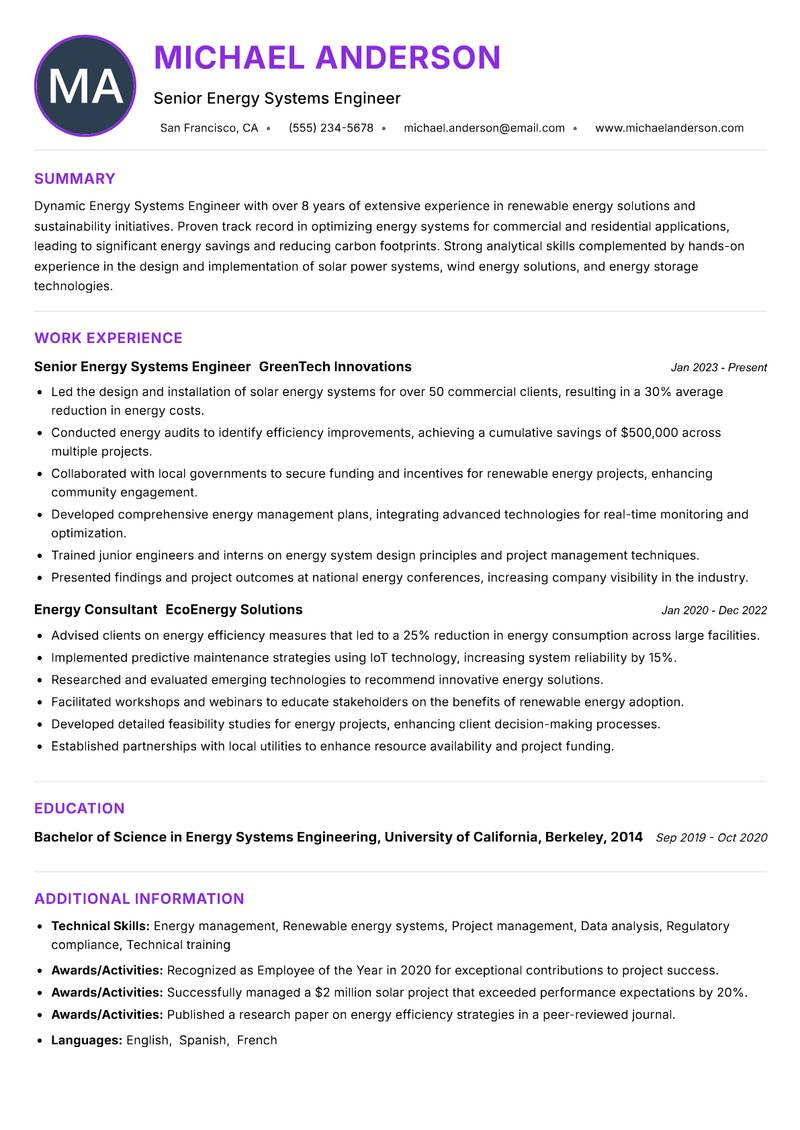 Energy Systems Engineer resume example