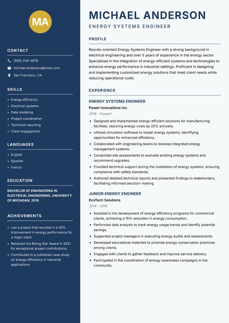 Energy Systems Engineer resume sample — Energy Systems Engineer focus