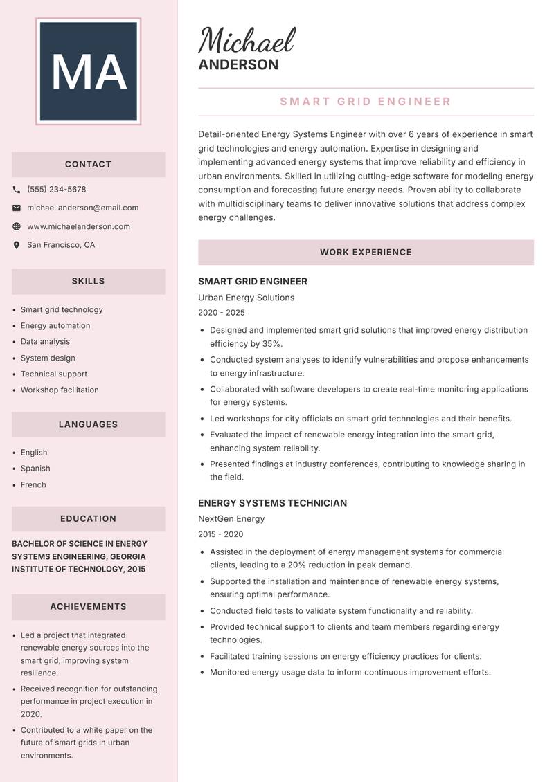 Energy Systems Engineer resume sample — Smart Grid Engineer focus