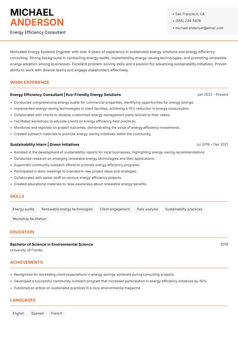Energy Systems Engineer resume sample — Energy Efficiency Consultant focus