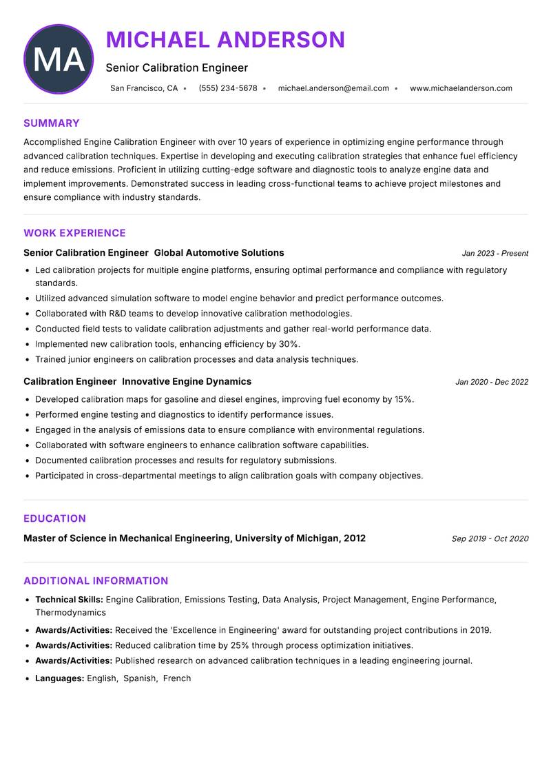 Engine Calibration Engineer resume example