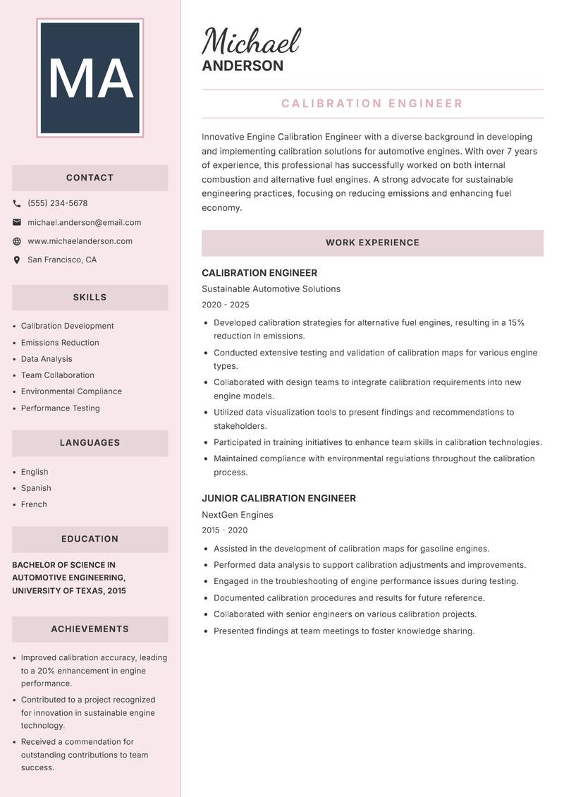 Engine Calibration Engineer resume sample — Calibration Engineer focus