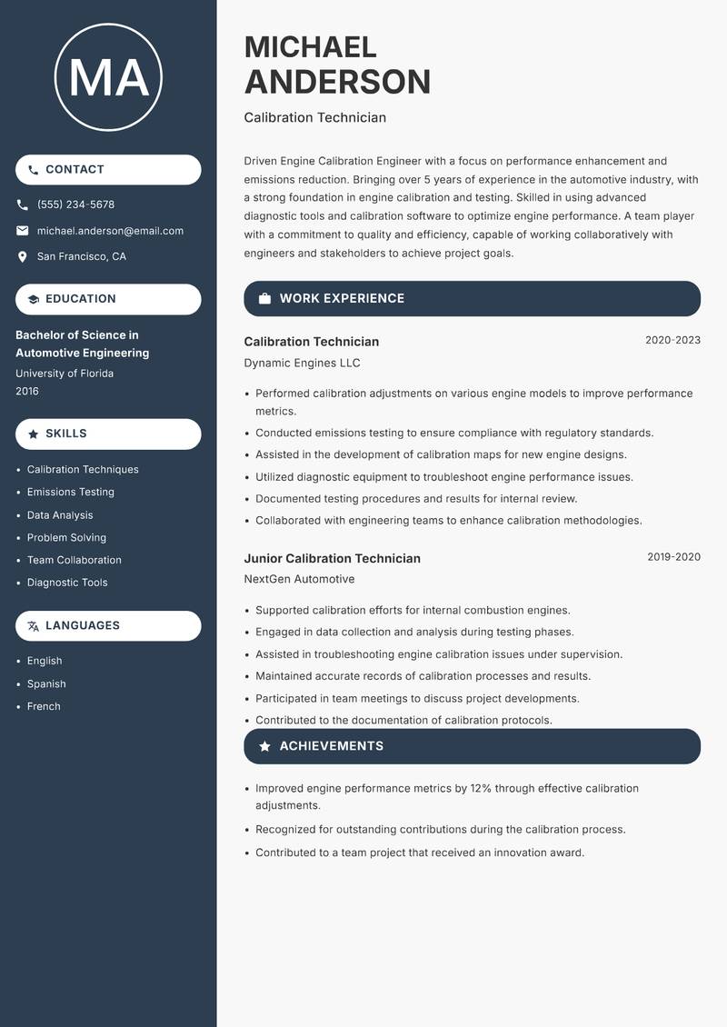 Engine Calibration Engineer resume sample — Calibration Technician focus