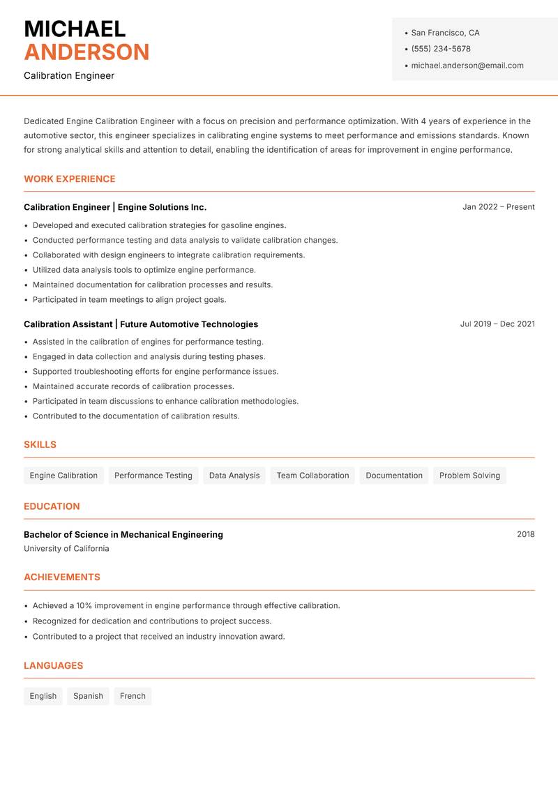 Engine Calibration Engineer resume sample — Calibration Engineer focus