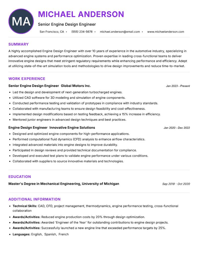 Engine Design Engineer resume example