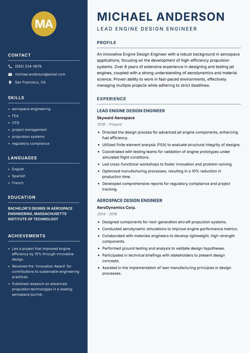 Engine Design Engineer resume sample — Lead Engine Design Engineer focus