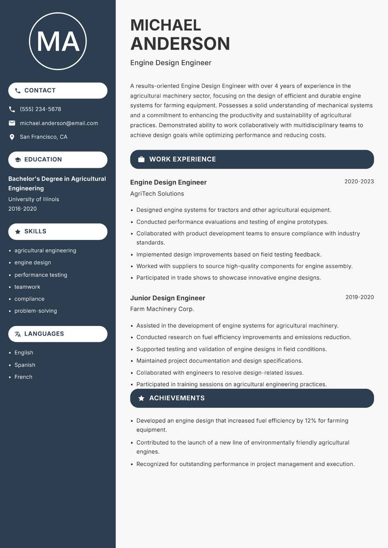 Engine Design Engineer resume sample — Engine Design Engineer focus