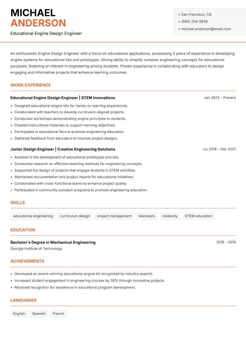Engine Design Engineer resume sample — Educational Engine Design Engineer focus