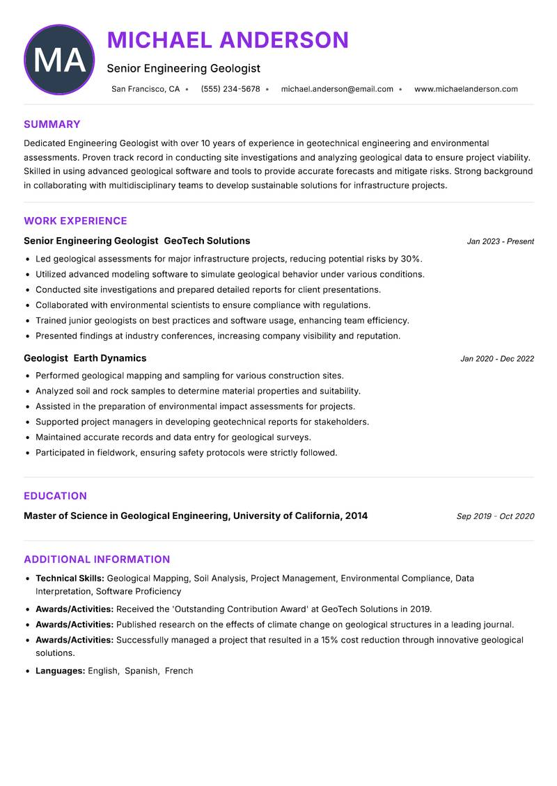 Engineering Geologist resume example