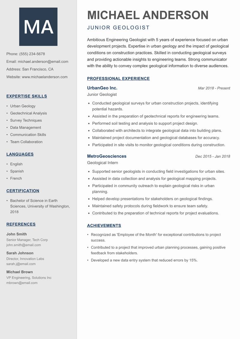 Engineering Geologist resume sample — Junior Geologist focus