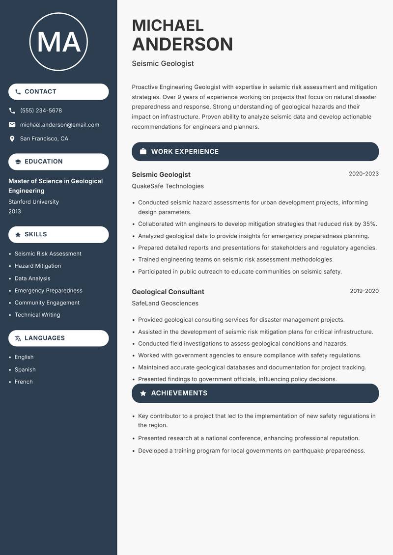 Engineering Geologist resume sample — Seismic Geologist focus