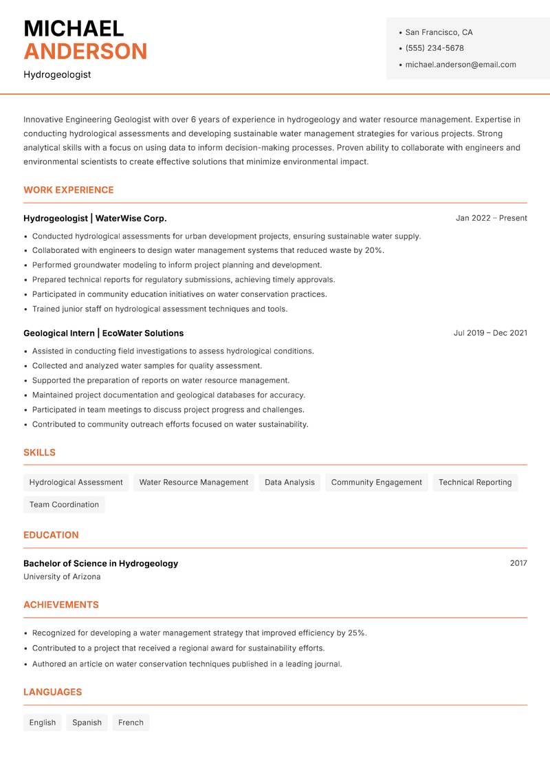 Engineering Geologist resume sample — Hydrogeologist focus