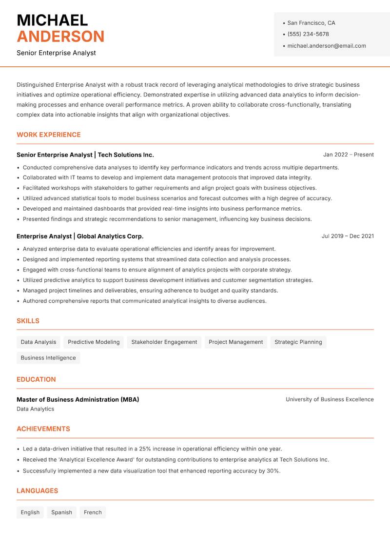 Enterprise Analyst resume sample — Senior Enterprise Analyst focus