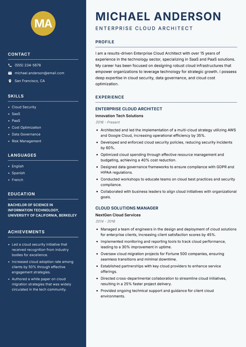 Enterprise Cloud Architect resume sample — Enterprise Cloud Architect focus