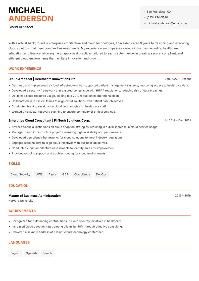 Enterprise Cloud Architect resume sample — Cloud Architect focus