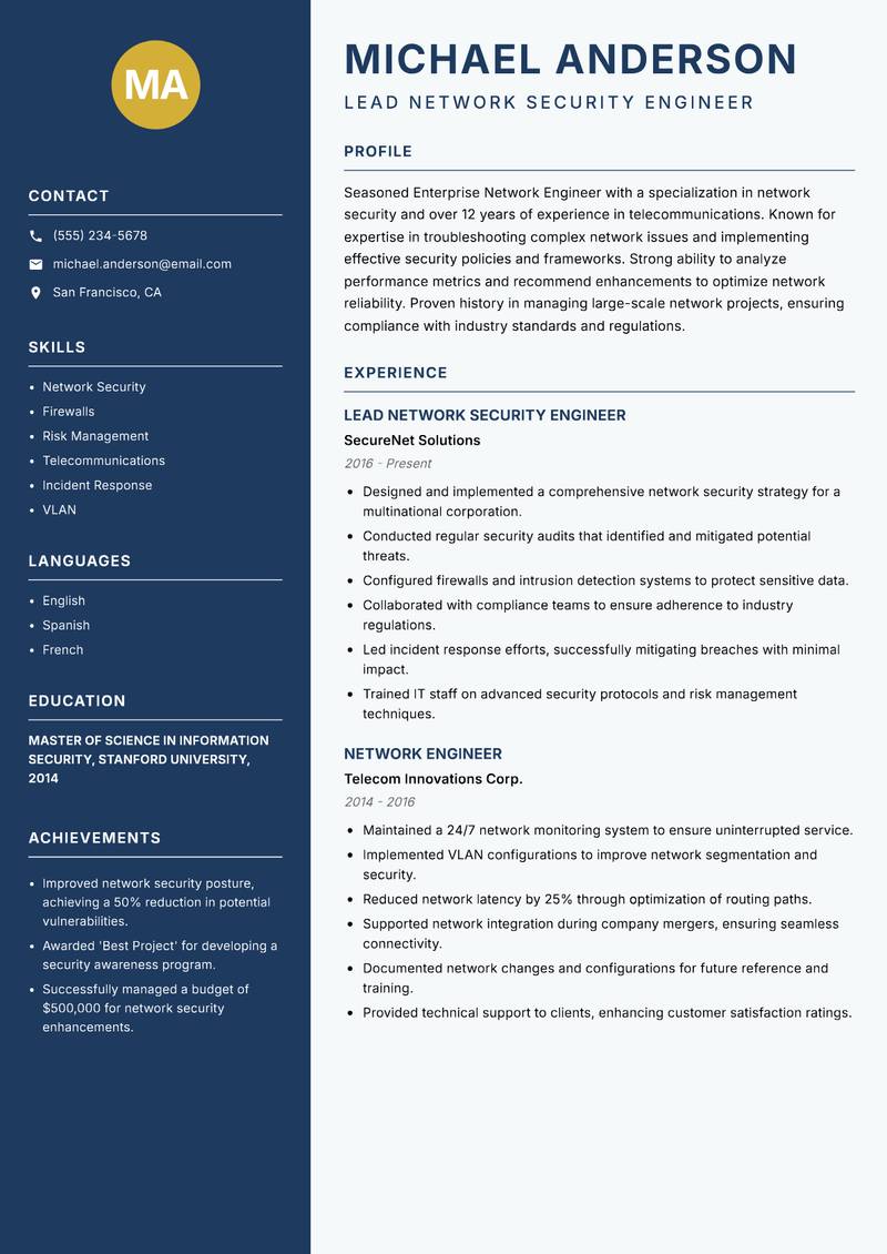Enterprise Network Engineer resume sample — Lead Network Security Engineer focus