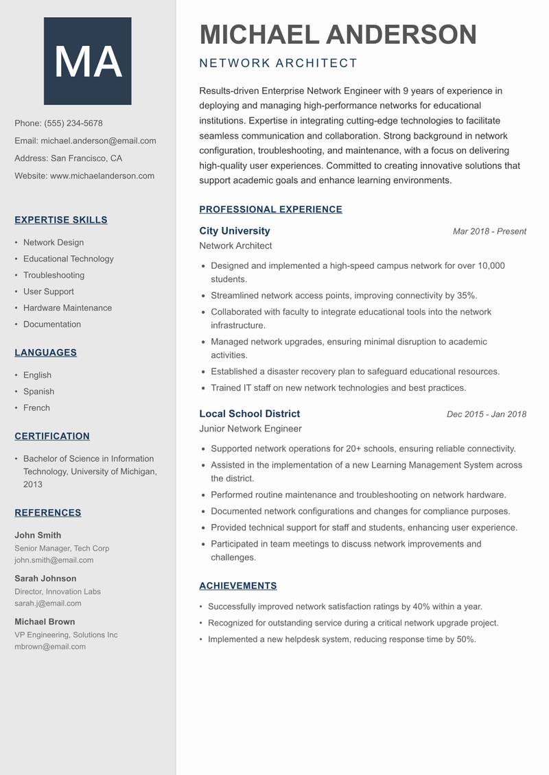 Enterprise Network Engineer resume sample — Network Architect focus