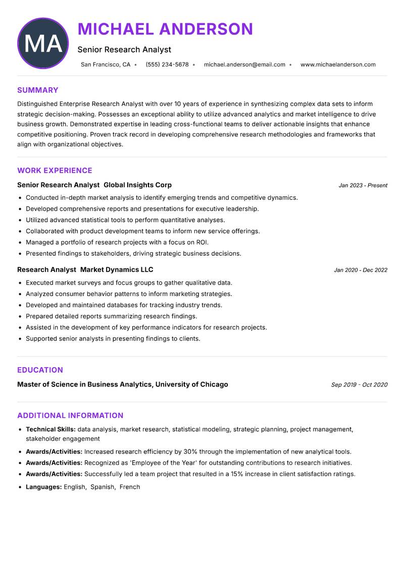Enterprise Research Analyst resume example