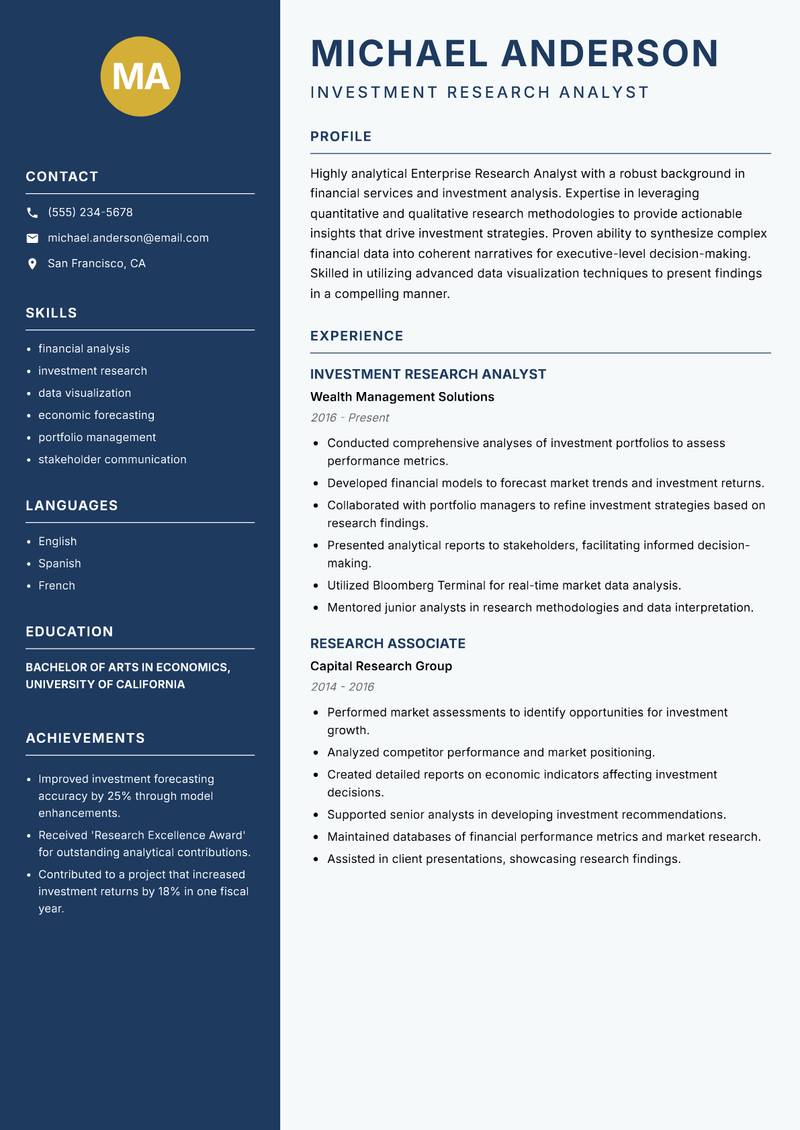 Enterprise Research Analyst resume sample — Investment Research Analyst focus