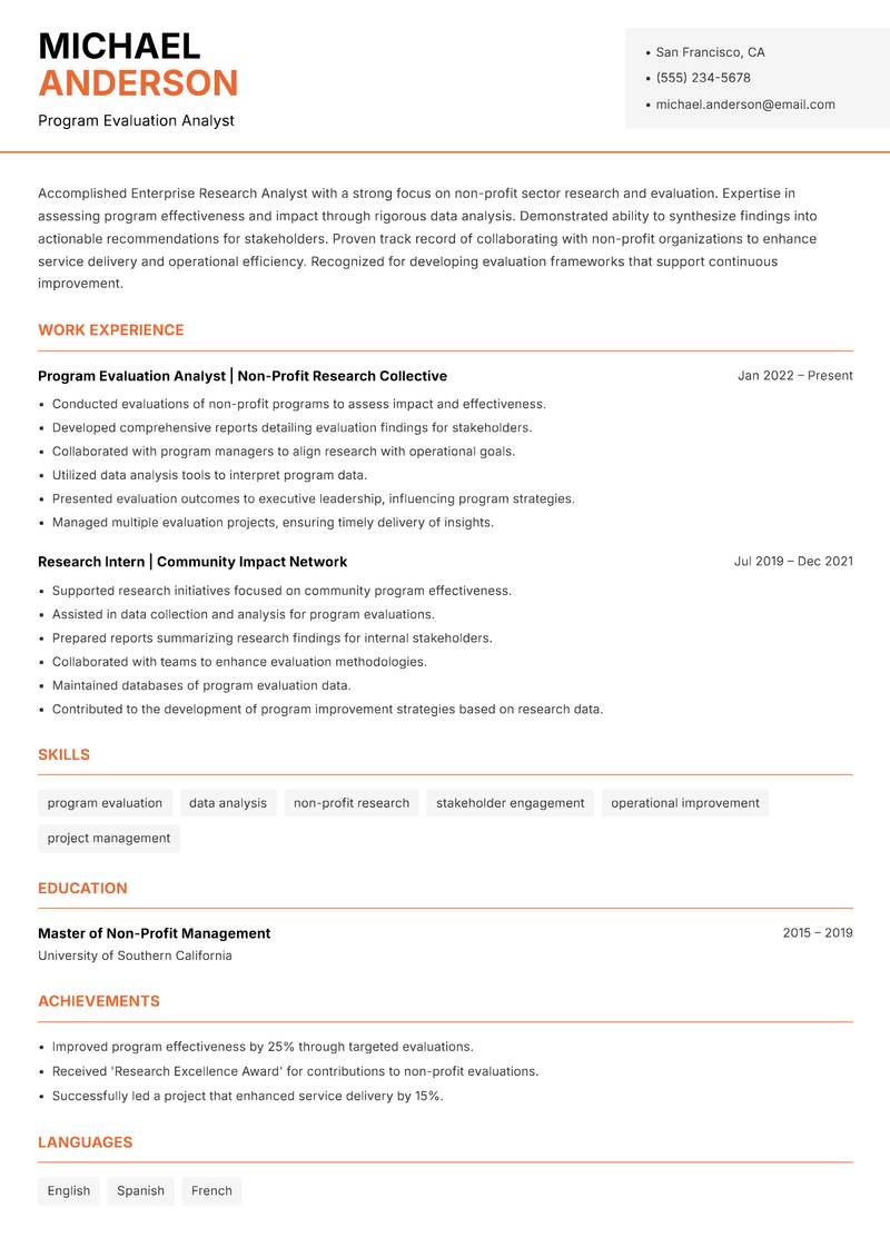 Enterprise Research Analyst resume sample — Program Evaluation Analyst focus
