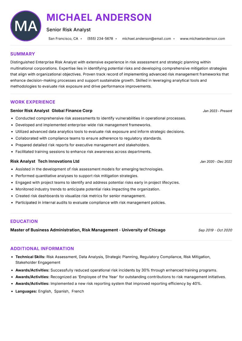 Enterprise Risk Analyst resume example