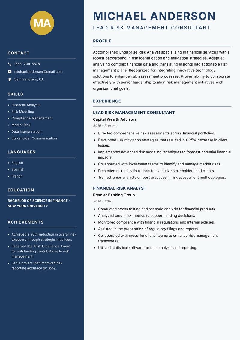 Enterprise Risk Analyst resume sample — Lead Risk Management Consultant focus