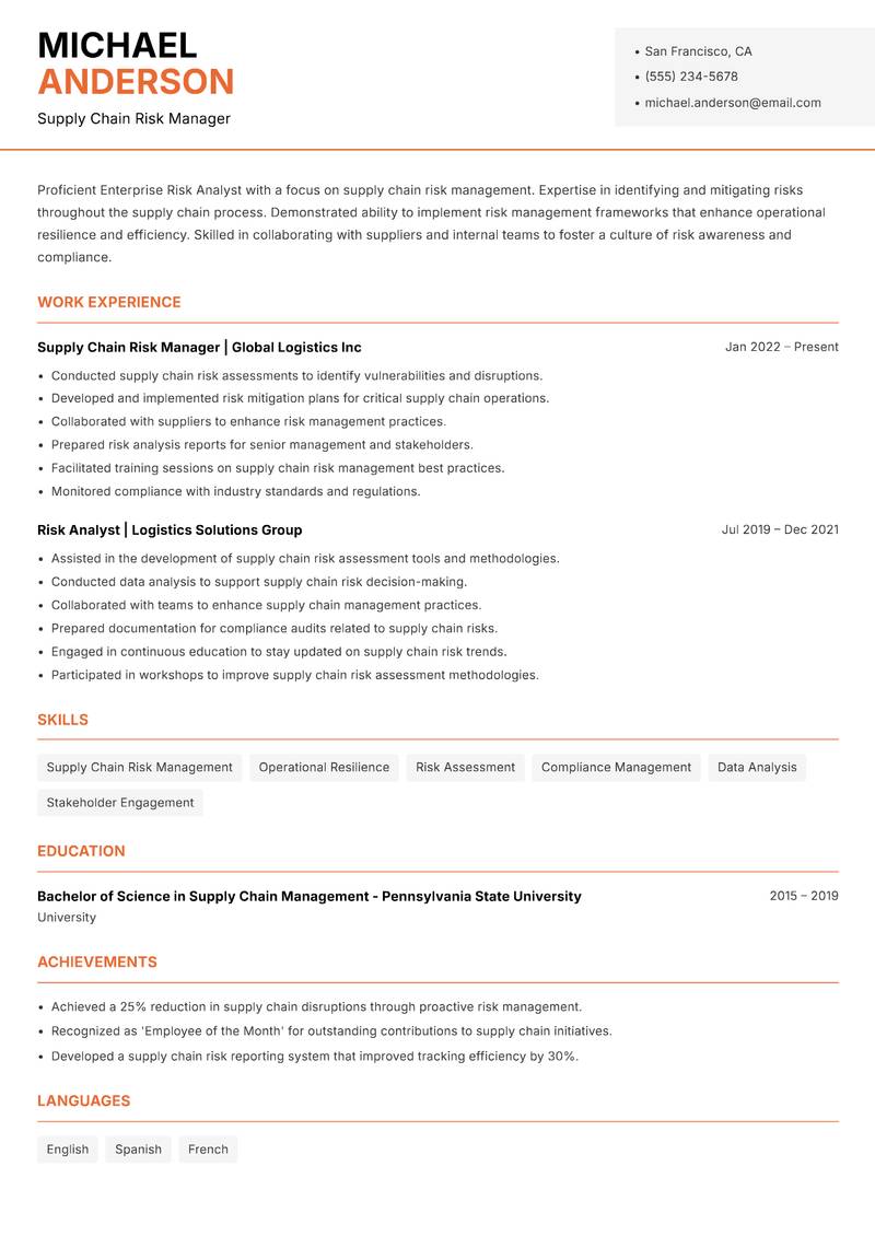Enterprise Risk Analyst resume sample — Supply Chain Risk Manager focus