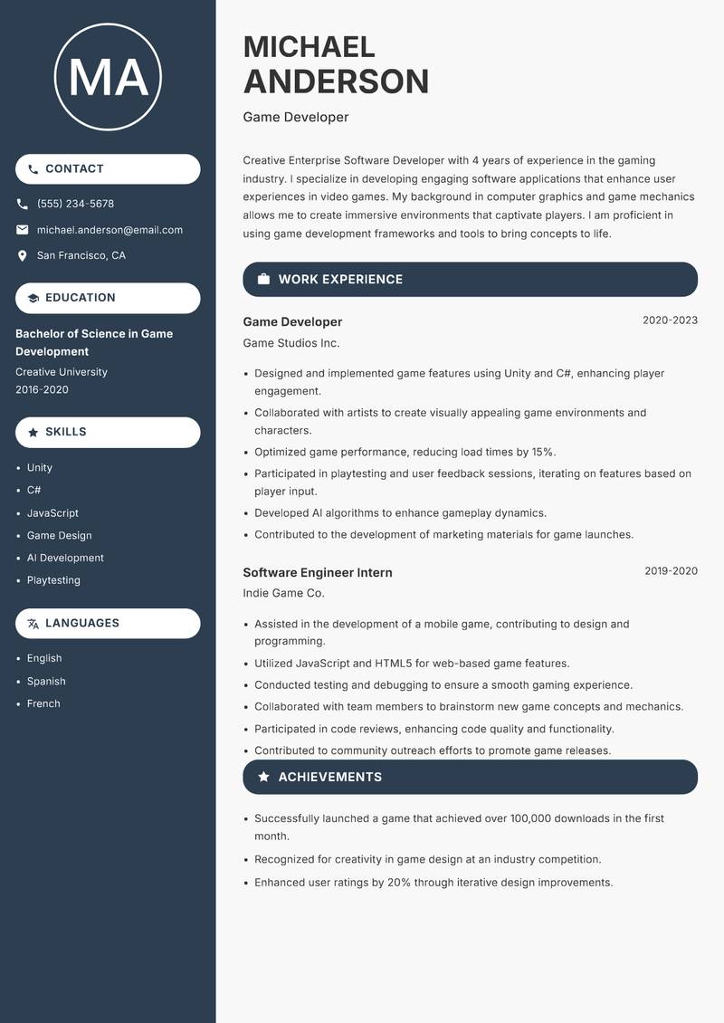 Enterprise Software Developer resume sample — Game Developer focus