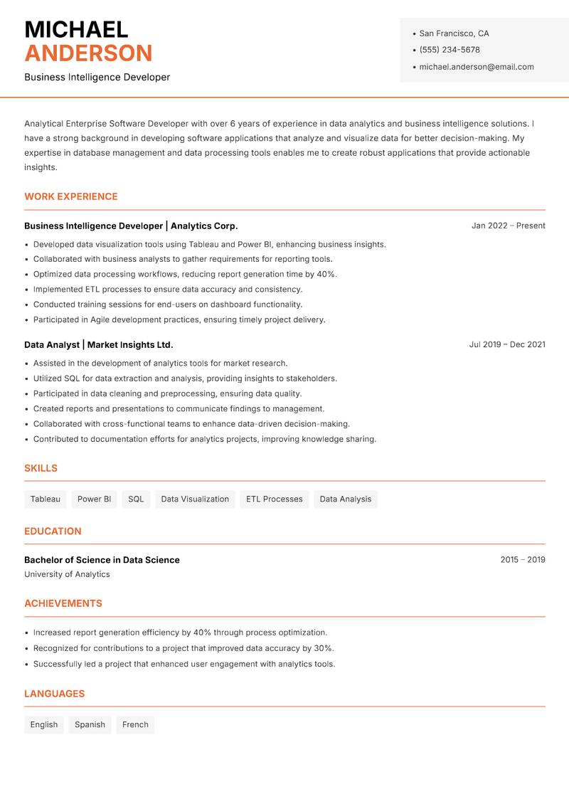 Enterprise Software Developer resume sample — Business Intelligence Developer focus