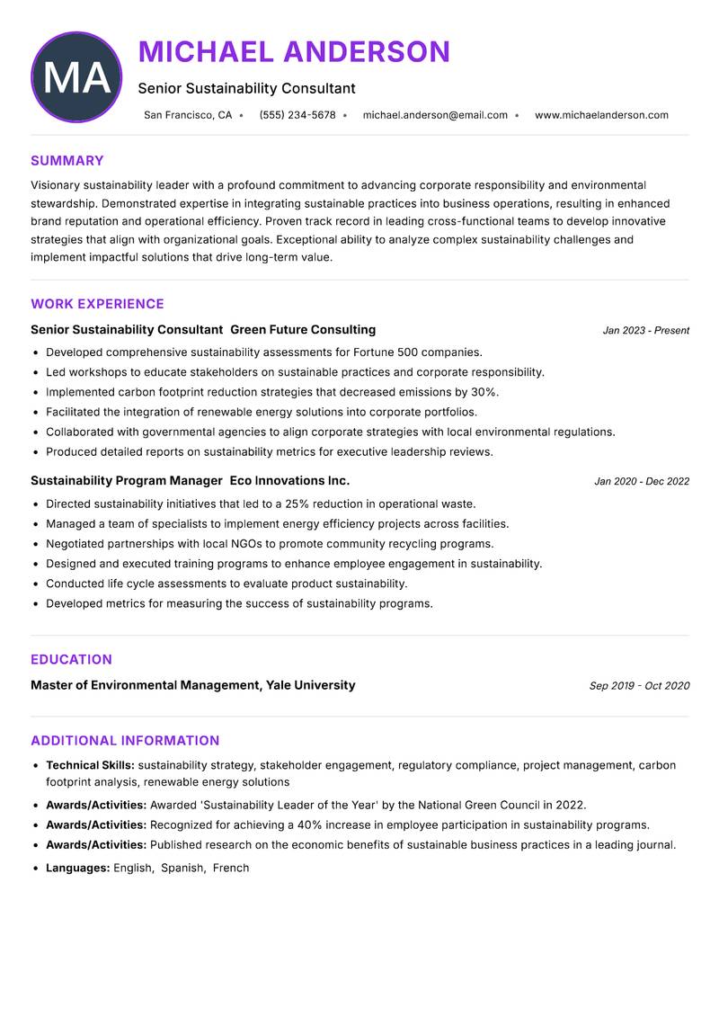 Enterprise Sustainability Lead resume example