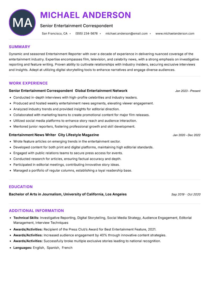 Entertainment Reporter resume example