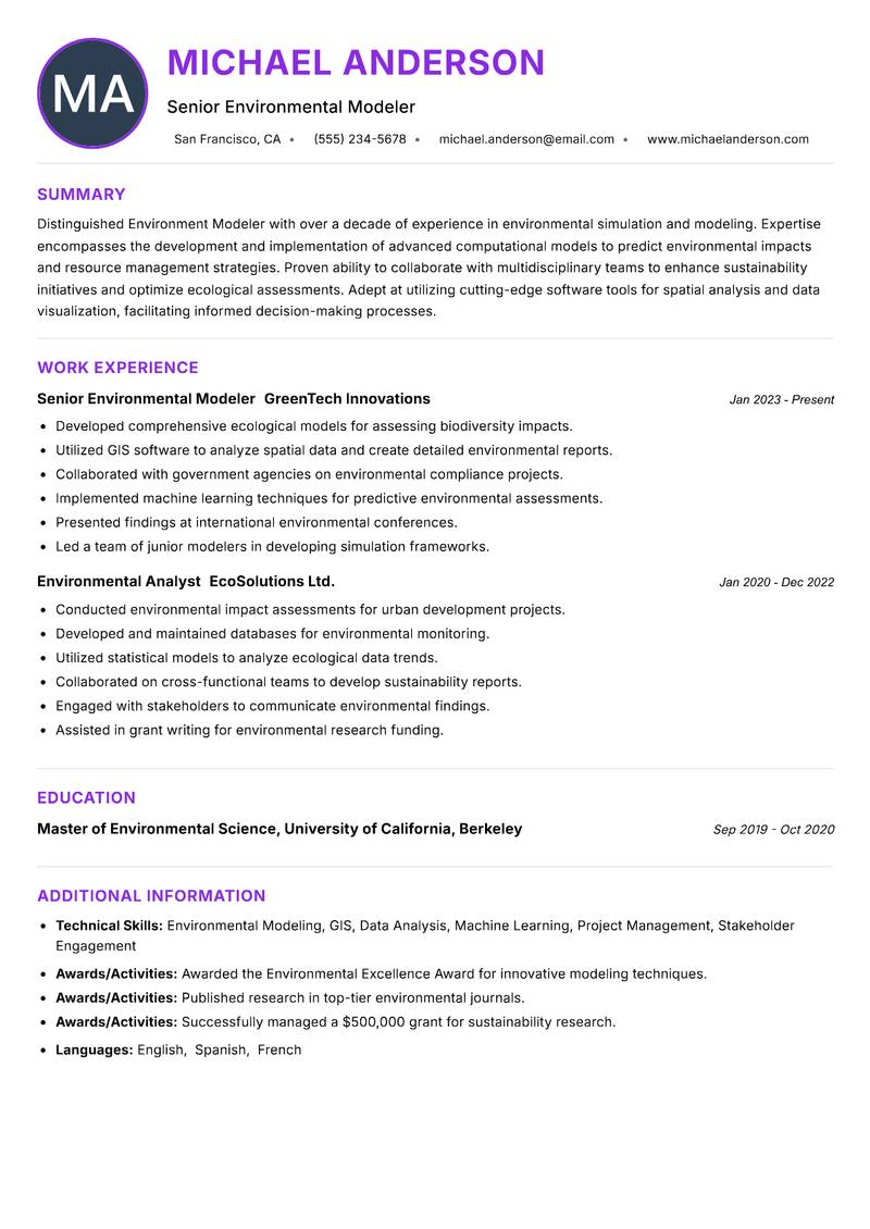 Environment Modeler resume example