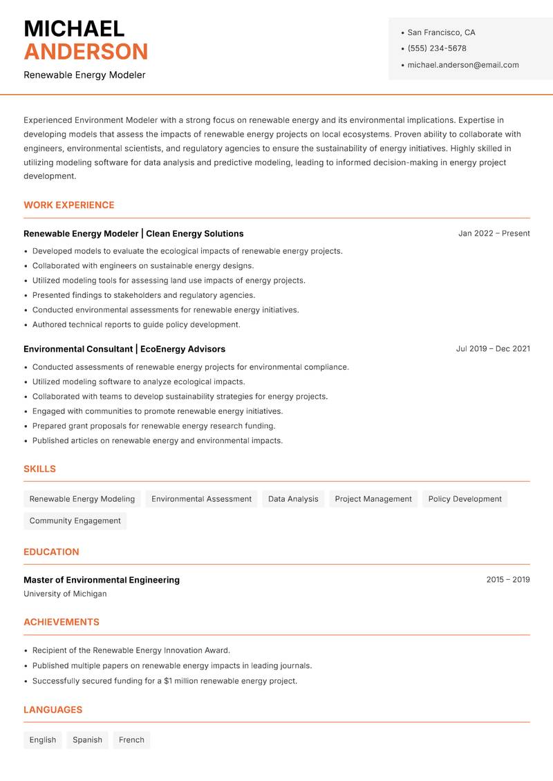 Environment Modeler resume sample — Renewable Energy Modeler focus
