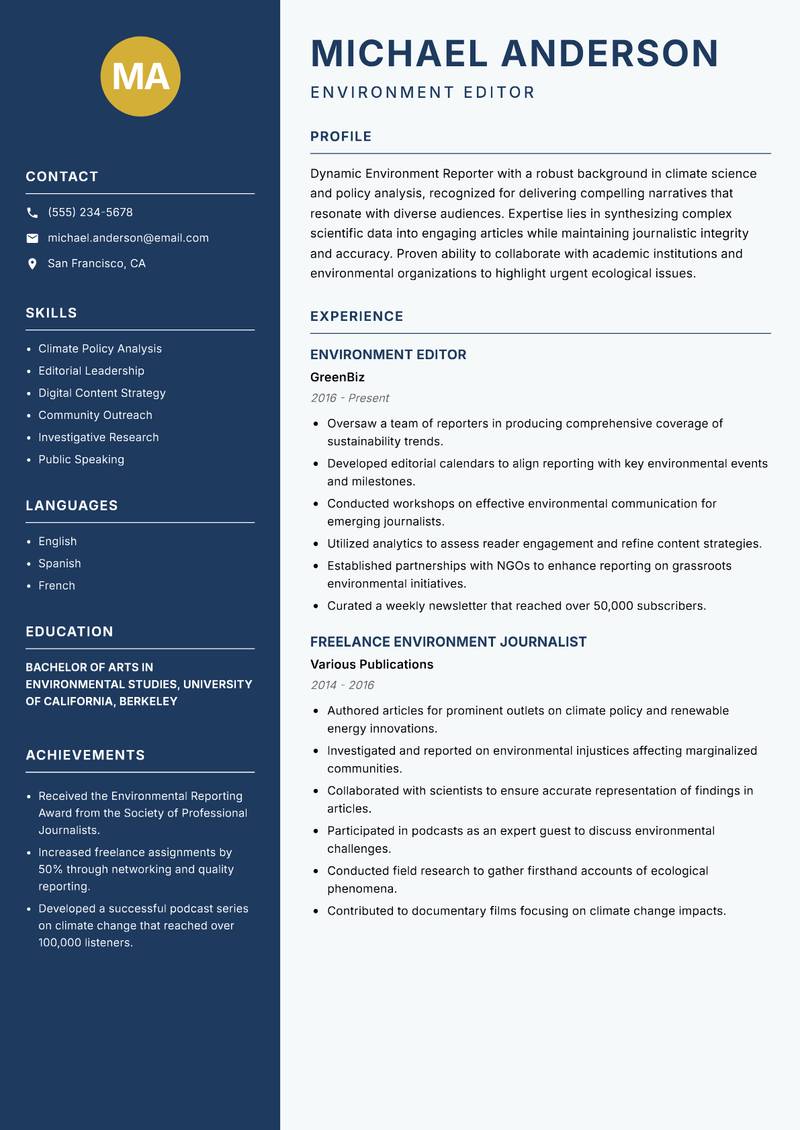 Environment Reporter resume sample — Environment Editor focus