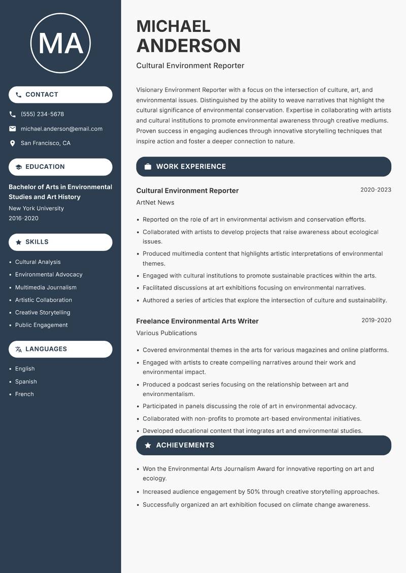 Environment Reporter resume sample — Cultural Environment Reporter focus